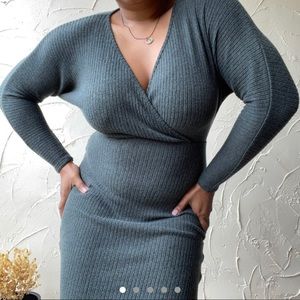 All in favor gray cross front midi dress with stretchy waistband
